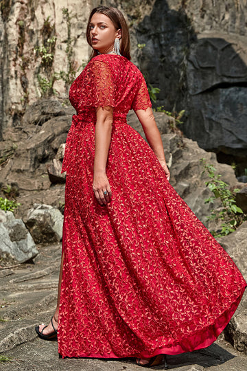 Vestido de Graduación Encaje Rojo Cuello en V Talla Grande
